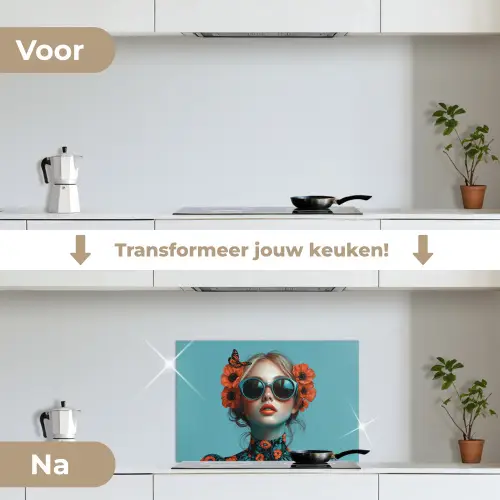 Vrouw - Blauw - Vlinder - Bloemen - Aesthetic keuken achterwand spatscherm klein -voor_na_NL