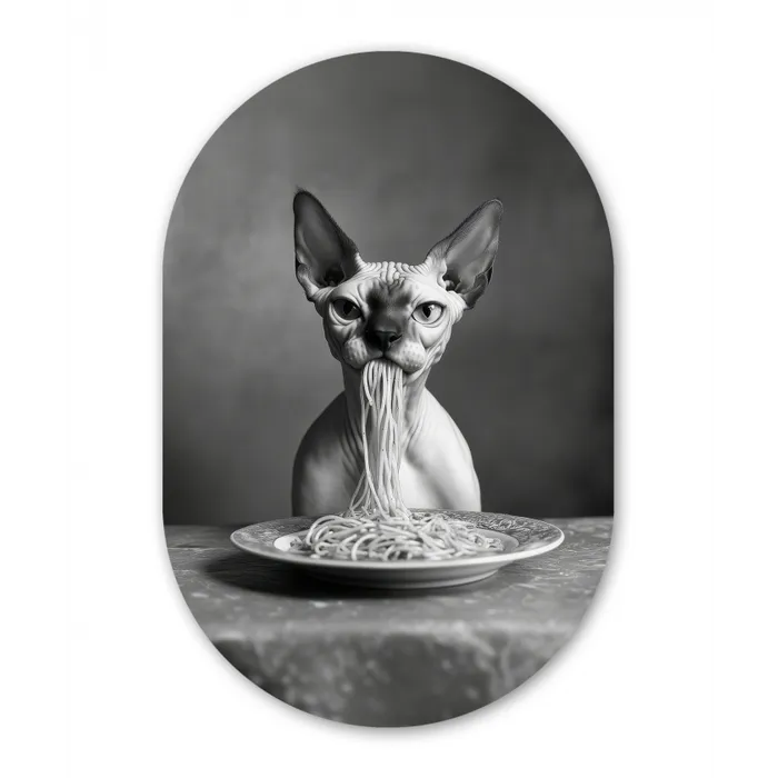Sphynx - Kat - Dieren - Humor - Spaghetti - Zwart Wit Wandcirkel Ovaal Glas middel -3d