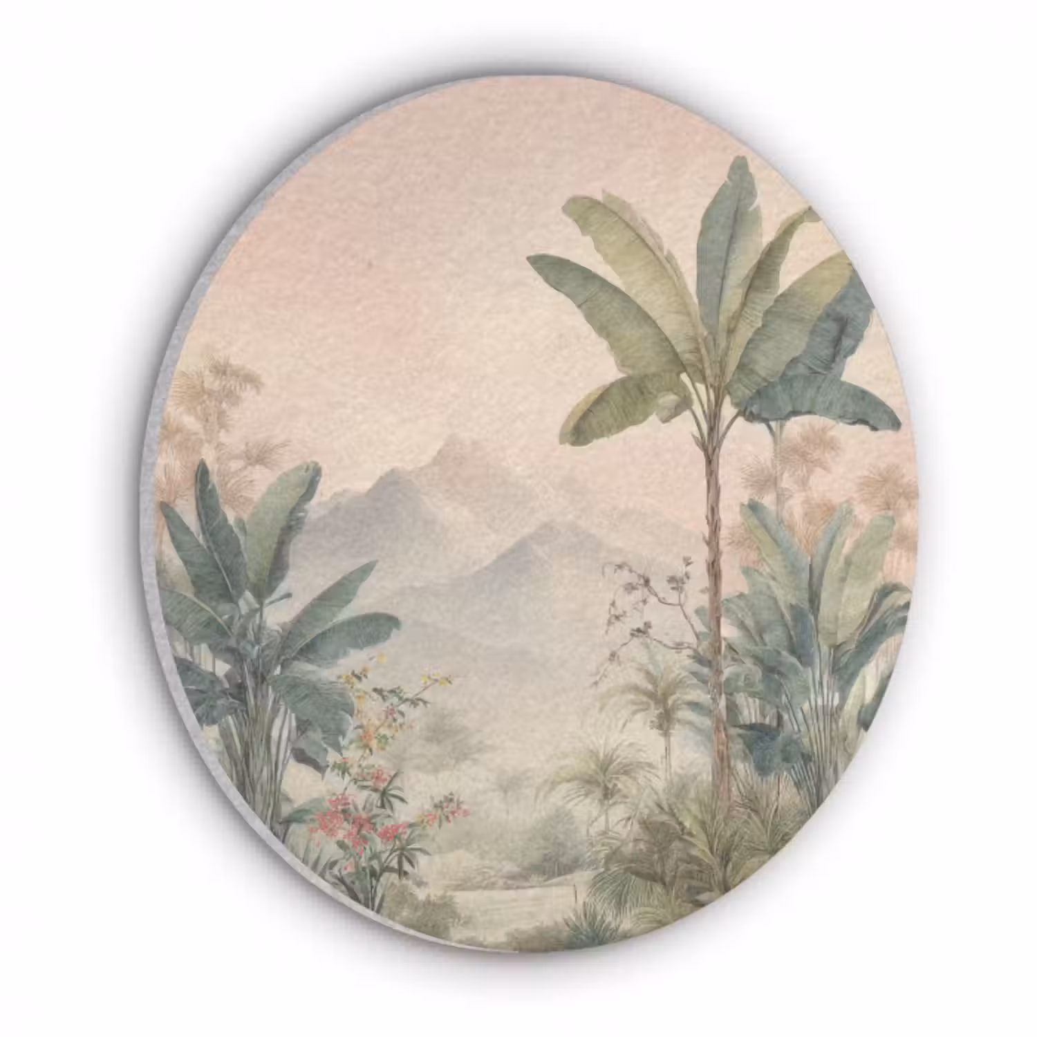 Akustikbild - Rund - Tropische Landschaft - Palmen - Blumen - Rosa Himmel