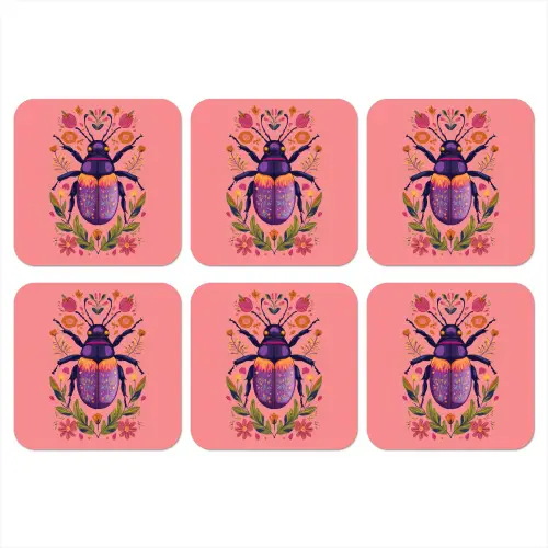 Paars - Kever - Stipjes - Bloemen onderzetter kurk middel -3d