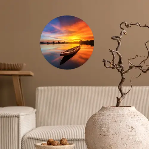 Boot - Water - Zonsondergang - Oranje - Water Wandcirkel behangsticker klein -sfeer1