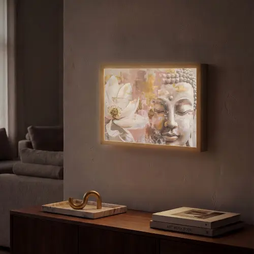 Buddha - Bloem - Goud - Roze - Abstract Light Box met batterij (Wandlamp) middel -sfeer1