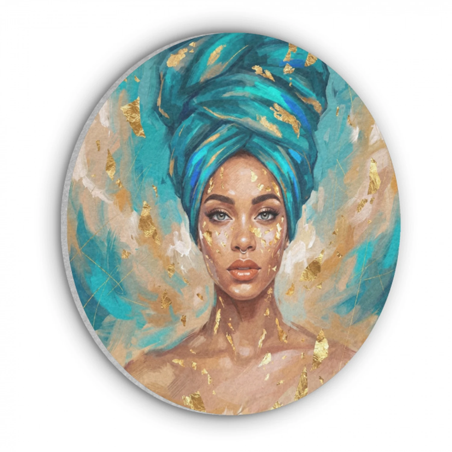 Portret - Vrouw - Schilderij - Blauw - Goud - Expressief Akoestische PET Vilt - Rond klein -3d