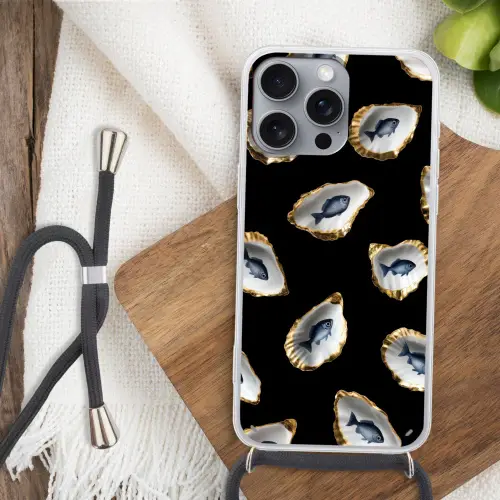 Oesters - Vissen - Blauw - Goud Hoesje iPhone 16 Pro Max met koord klein -sfeer4