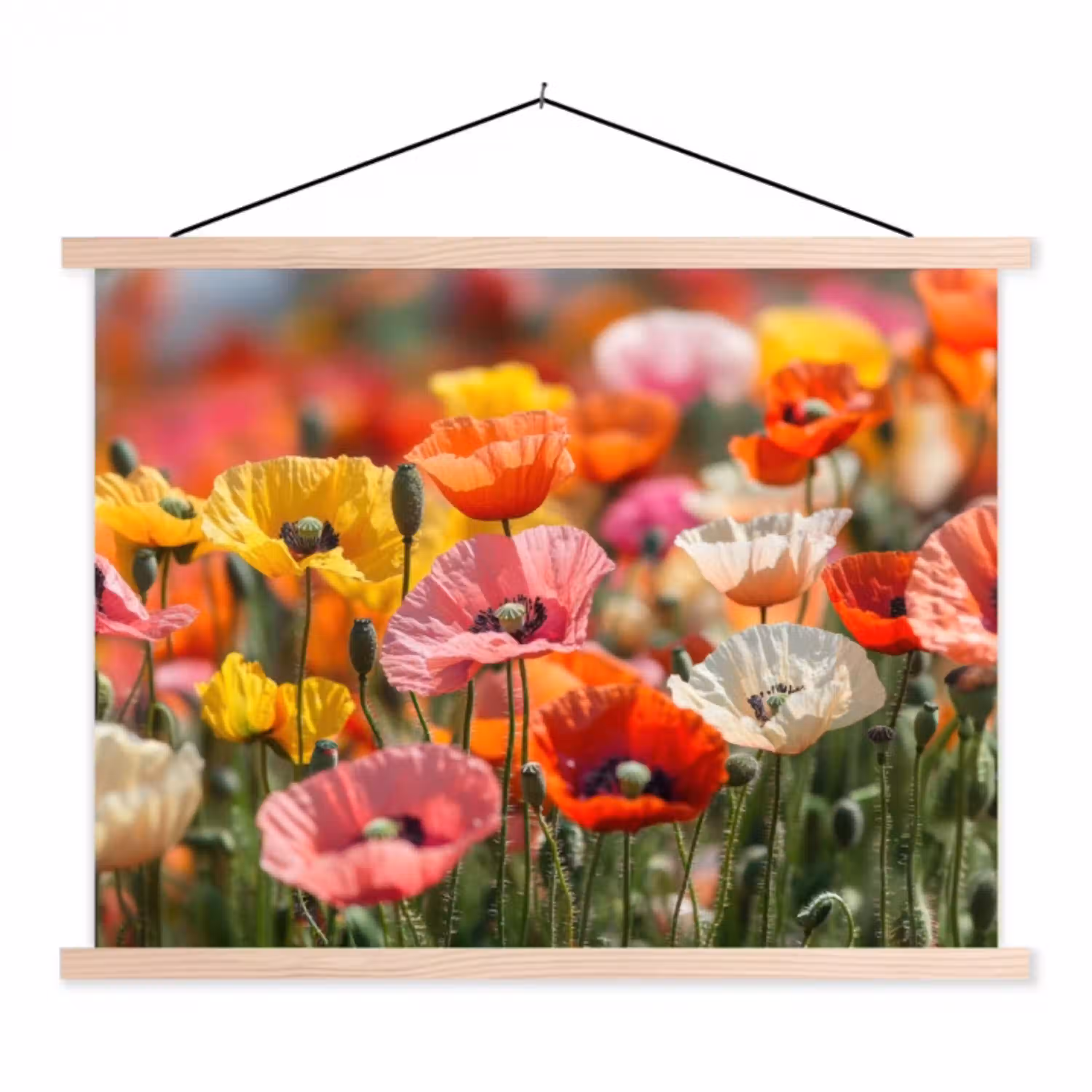 Bloemenveld - Klaprozen - Kleurrijk textielposter latten blank klein -3d