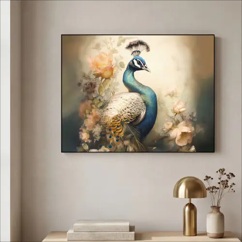 Pauw - Pauwenveren - Bloemen - Vogels - Botanisch Textielframe zwart klein -sfeer2