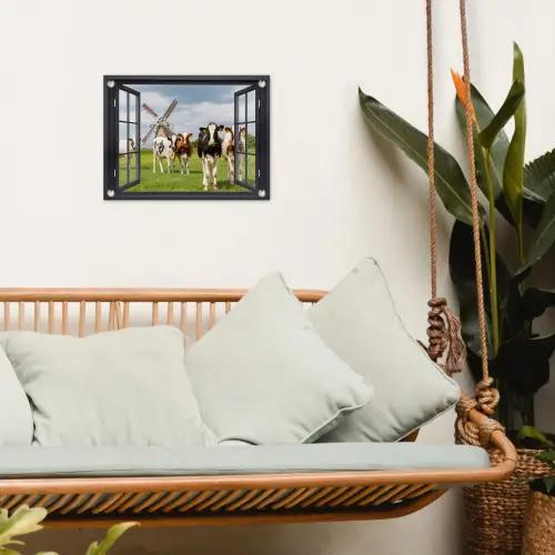 Uitzicht op Koeien en Windmolen tuinposter los doek klein -sfeer7