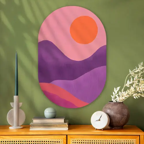 Zon - Heuvels - Paars - Abstract Wandcirkel Ovaal Glas middel -sfeer2