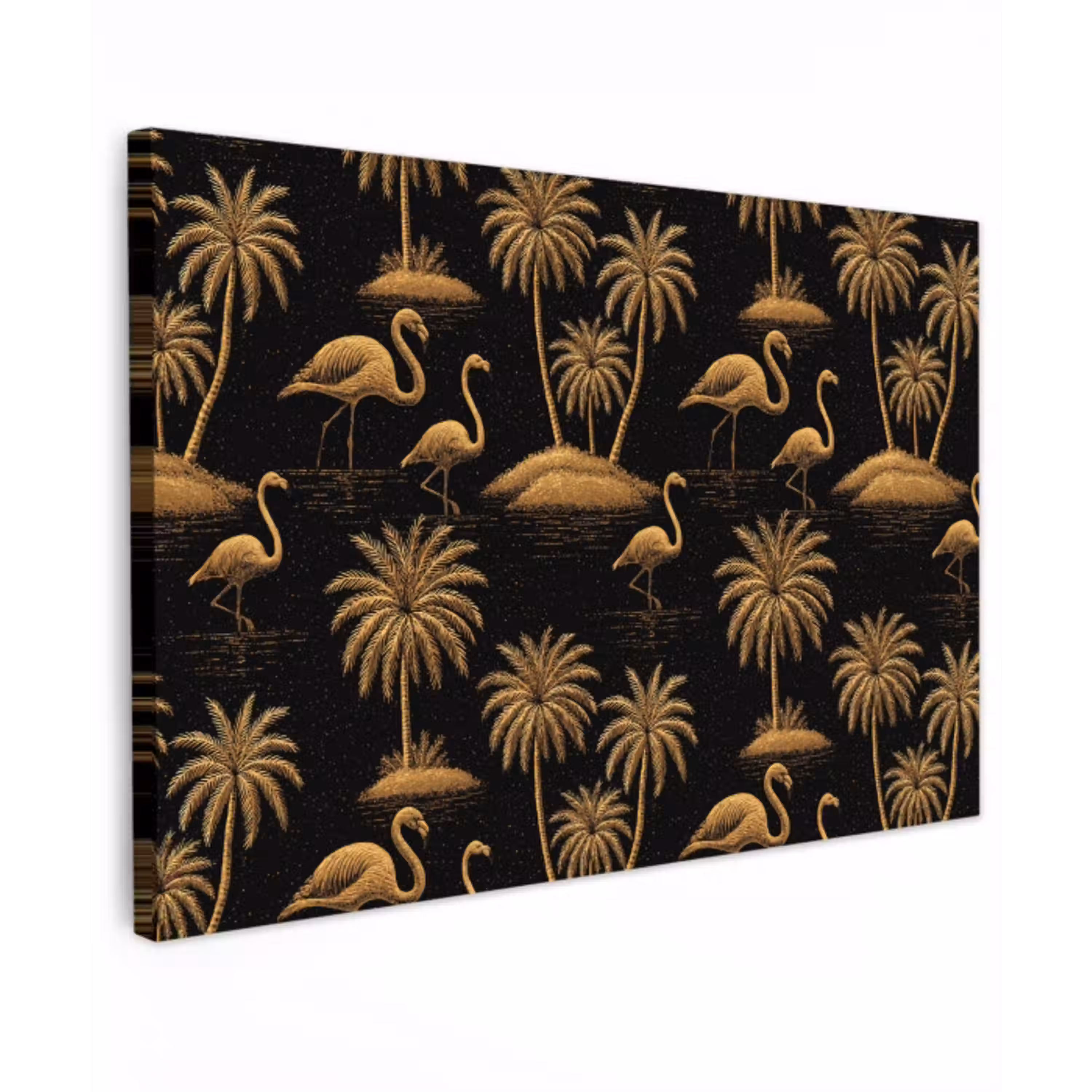 Flamingo - Palmbomen - Tropisch - Goud - Zwart Tuinposter op houten frame 2 cm dik klein 845 -3d