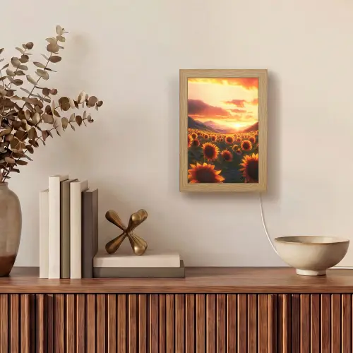 Zonnebloemen - Zonsondergang - Landschap Light Box met kabel (Tafellamp) klein -sfeer2