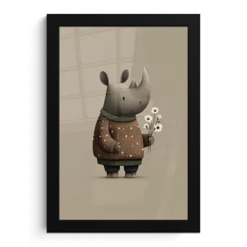 Neushoorn - Witte bloemen - Lief fotolijst zwart zonder passe partout klein -3d