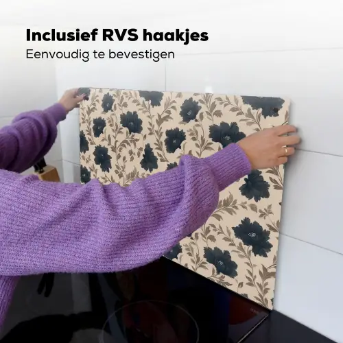 Motief - Bloemen - Zwart - Beige Inductie beschemer met haakjes klein 777 -ky-ophangen-nl