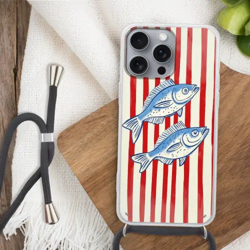 Vissen - Verticale strepen - Blauw - Rood Hoesje iPhone 16 Pro Max met koord klein -sfeer4