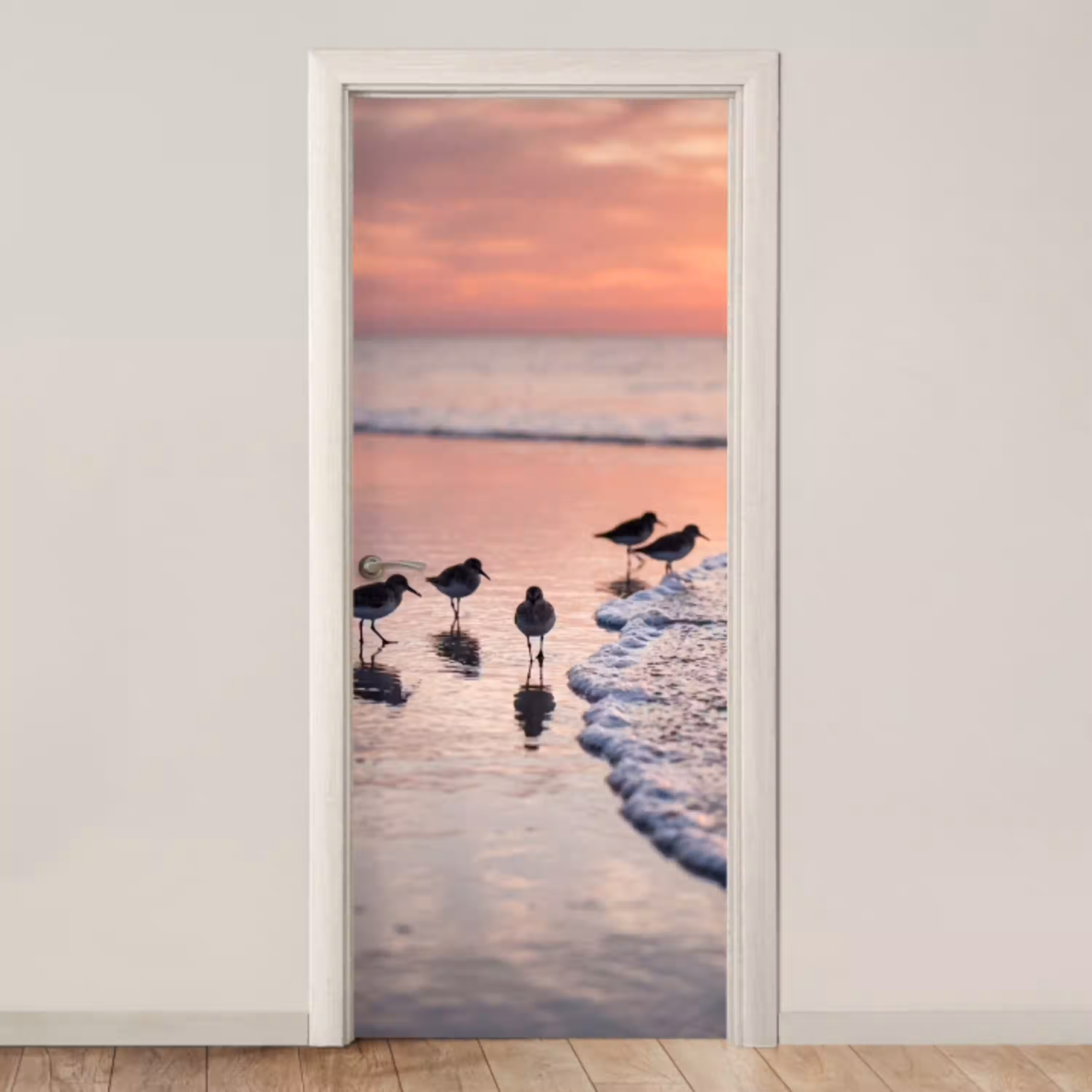 Meeuwen - Strand - Zee - Roze deurposter klein -3d_beige
