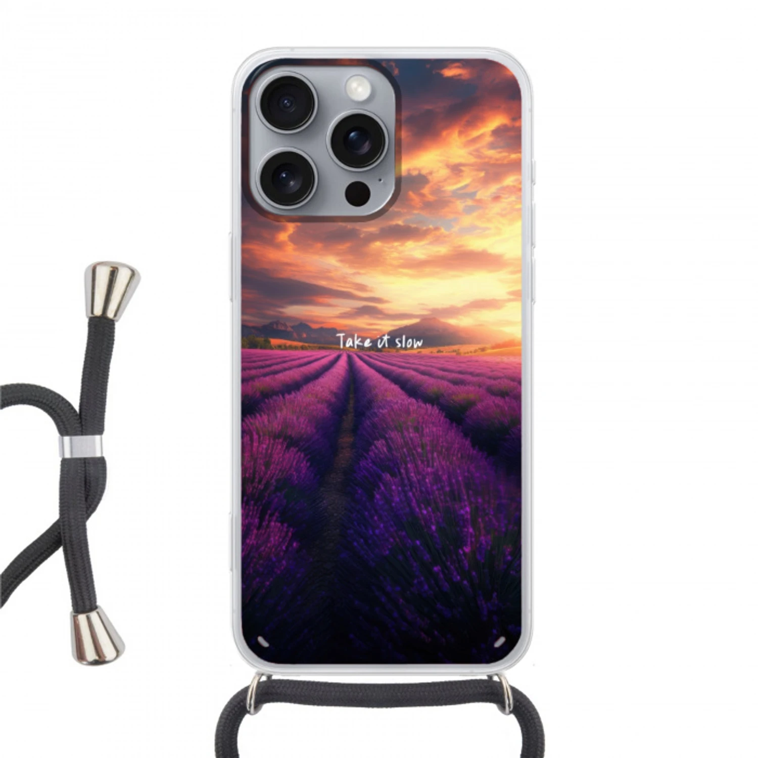 Lavendelveld - Quote - Zonsondergang Hoesje iPhone 16 Pro Max met koord klein -3d