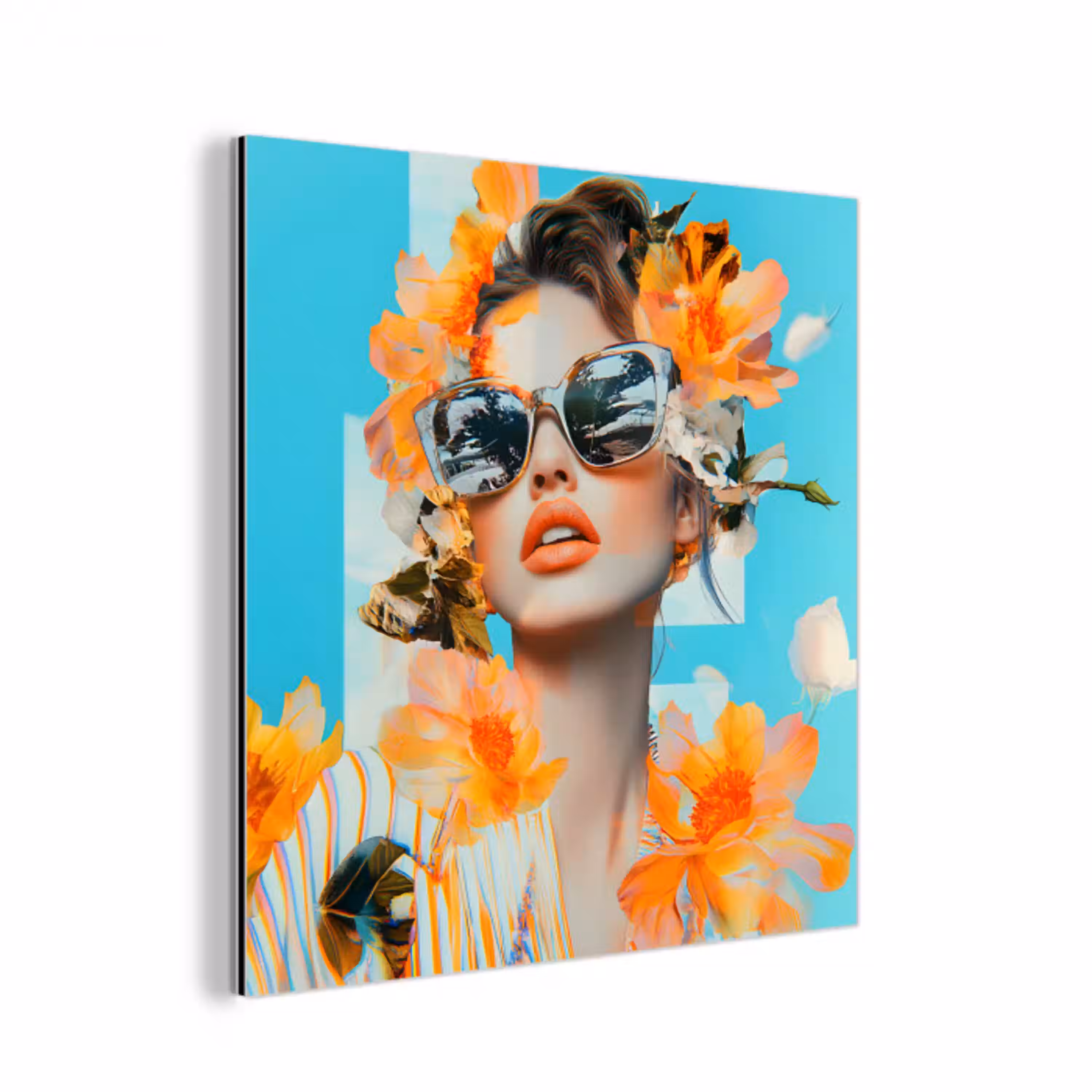 Bloemen - Vrouw - Zonnebril - Blauw aluminium wit klein -3d