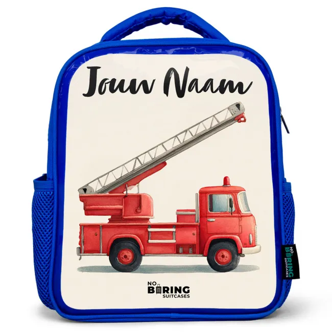Rugzak kind met naam - Blauw Brandweerwagen - Getekend - Rood