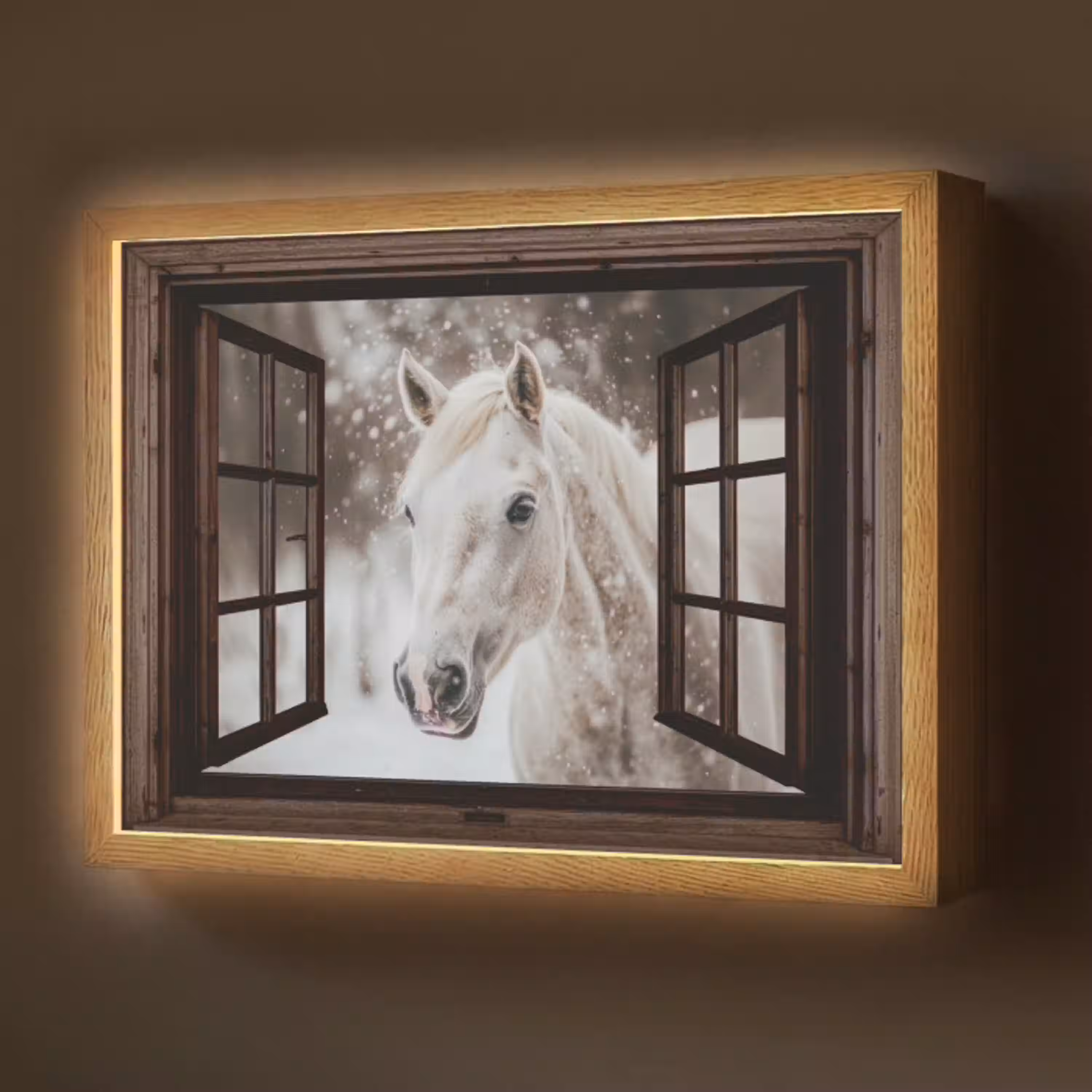 Doorkijk - Paard - Wit - Winterlandschap - Sneeuw Light Box met batterij (Wandlamp) middel -z3d_website