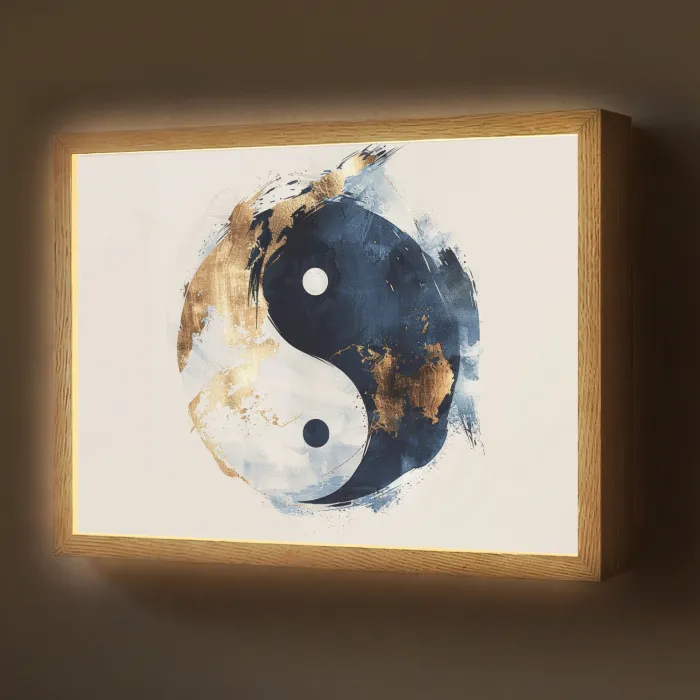 Yin Yang - Abstract - Zwart - Wit - Goud Light Box met batterij (Wandlamp) middel -z3d_website