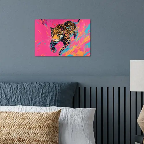 Luipaard - Roze - Oranje - Blauw - Verf poster papier klein -sfeer2