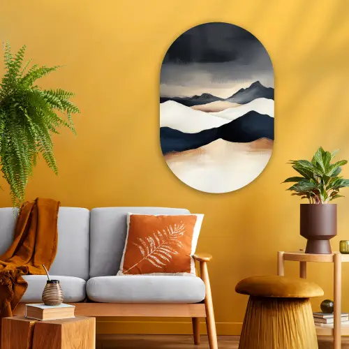 Bergen - Donkerblauw - Landschap Wandcirkel Ovaal Glas middel -sfeer4