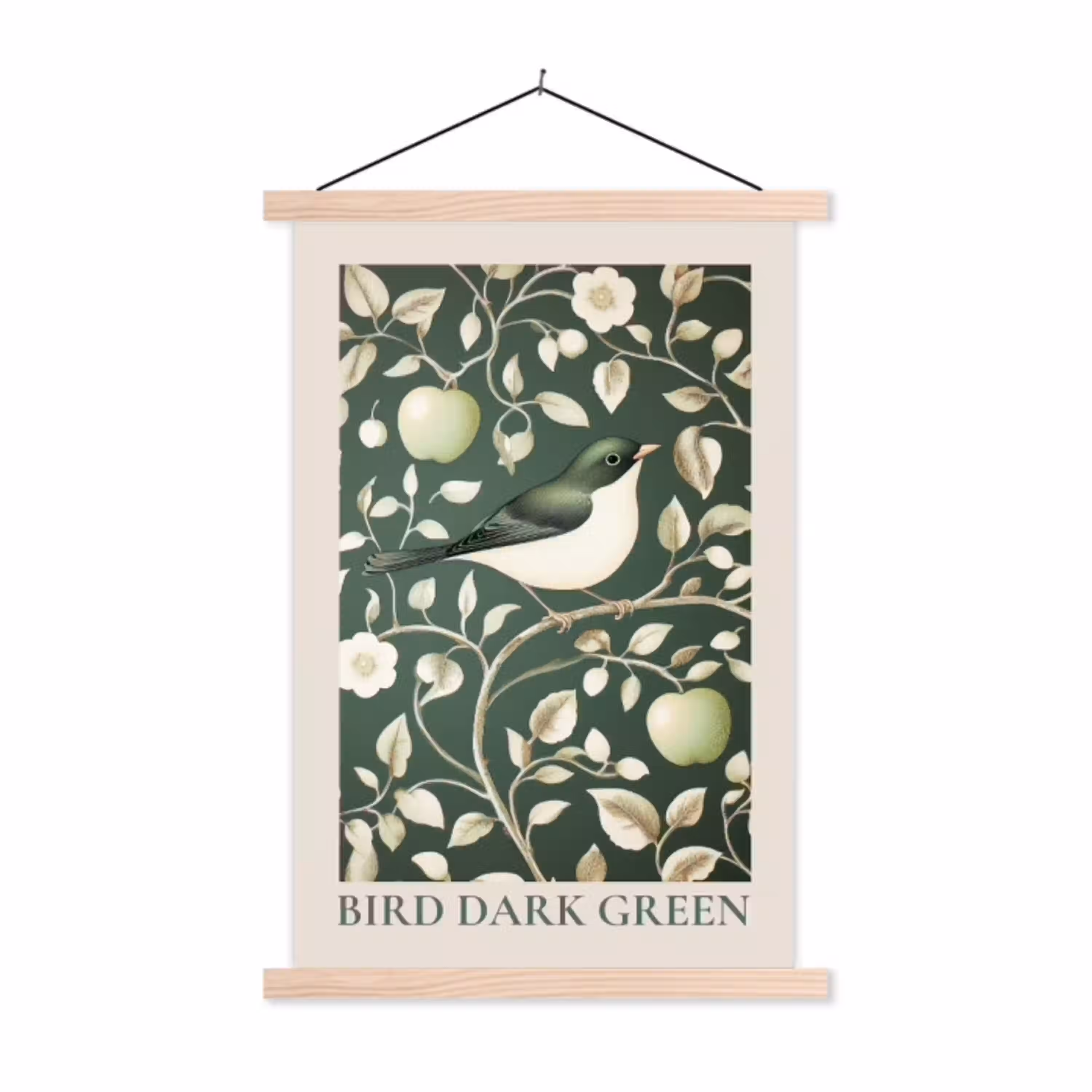 Groen - Vogel  - Bloemen textielposter latten blank klein -3d