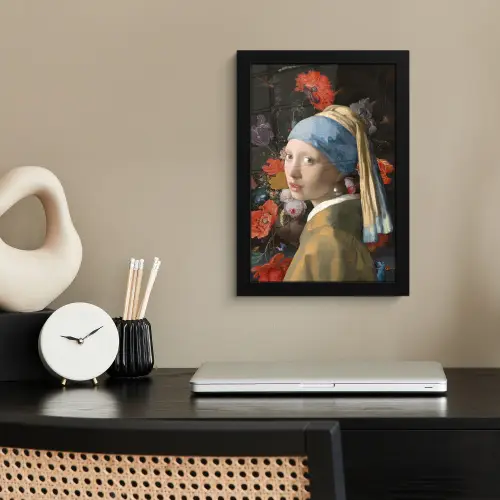 Meisje met de parel - Johannes Vermeer - Bloemen fotolijst zwart zonder passe partout klein -sfeer1