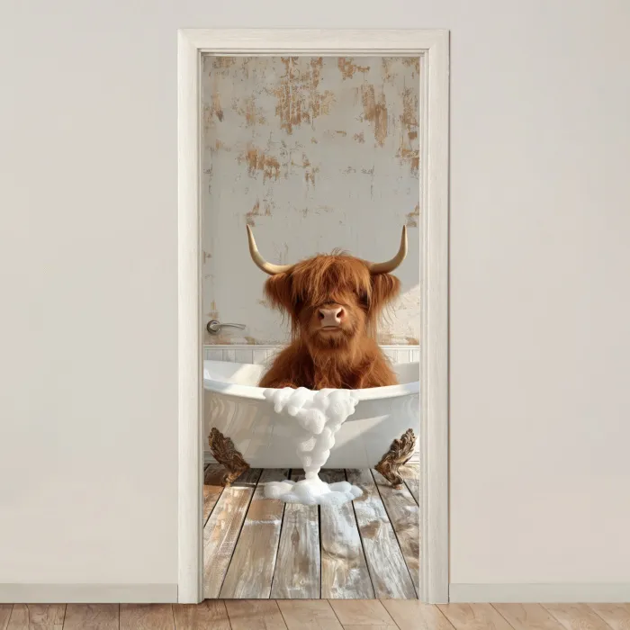 Schotse hooglander - Badkuip - Vintage - Koe deurposter klein -3d_beige