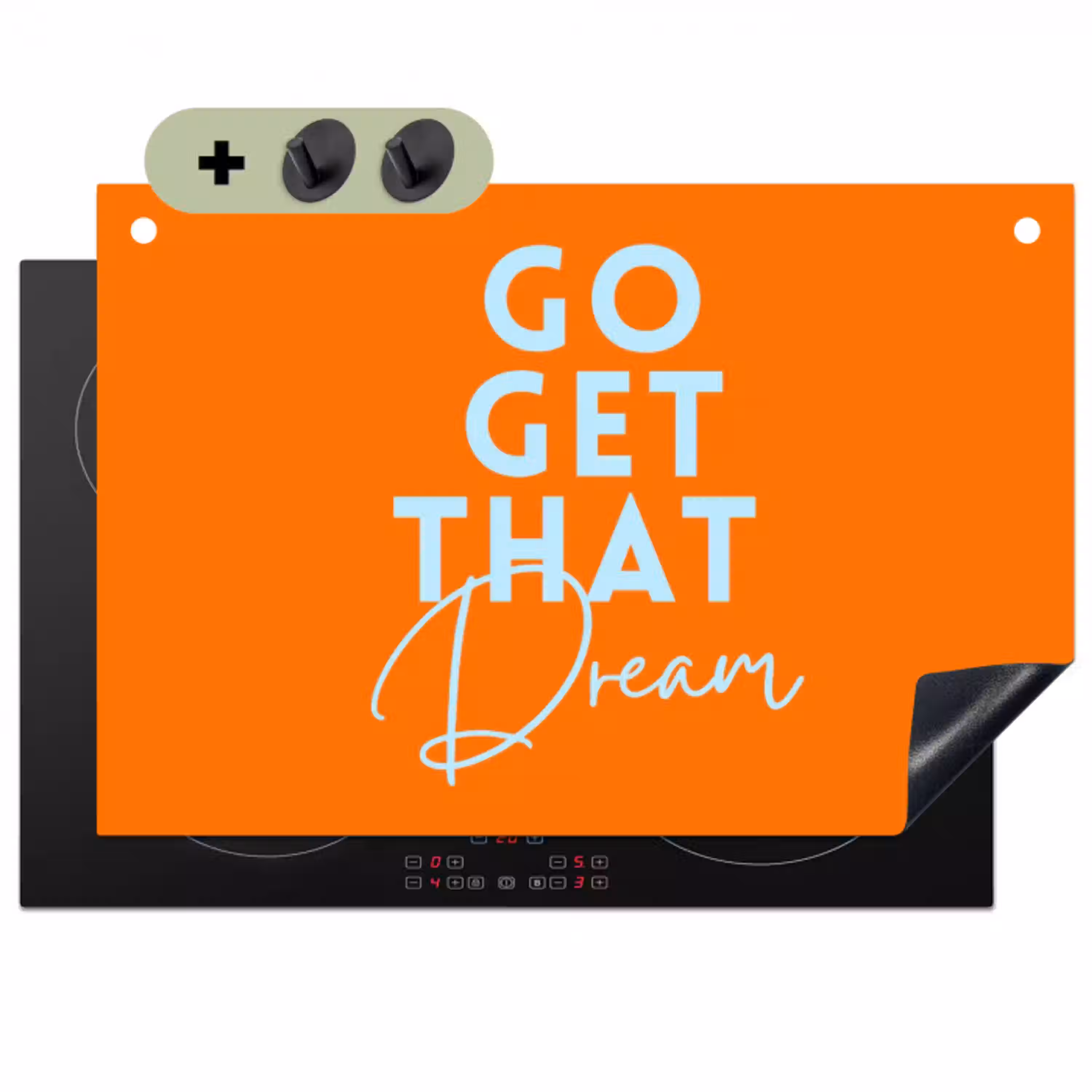 Oranje - Blauw - Go get that dream Inductie beschemer met haakjes klein -3d