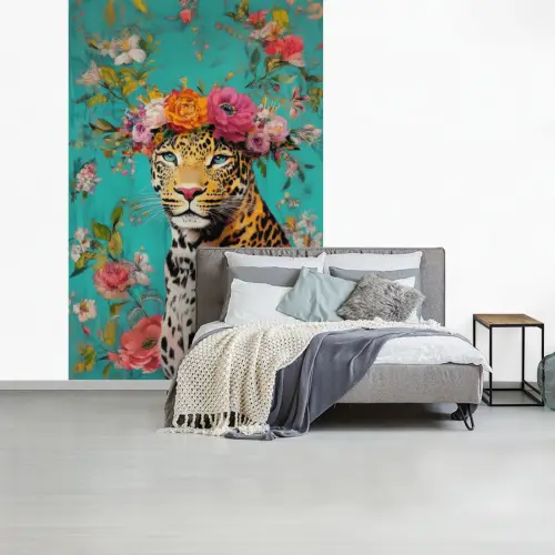 Luipaard - Bloemen - Kroon fotobehang vinyl groot -slaapkamer