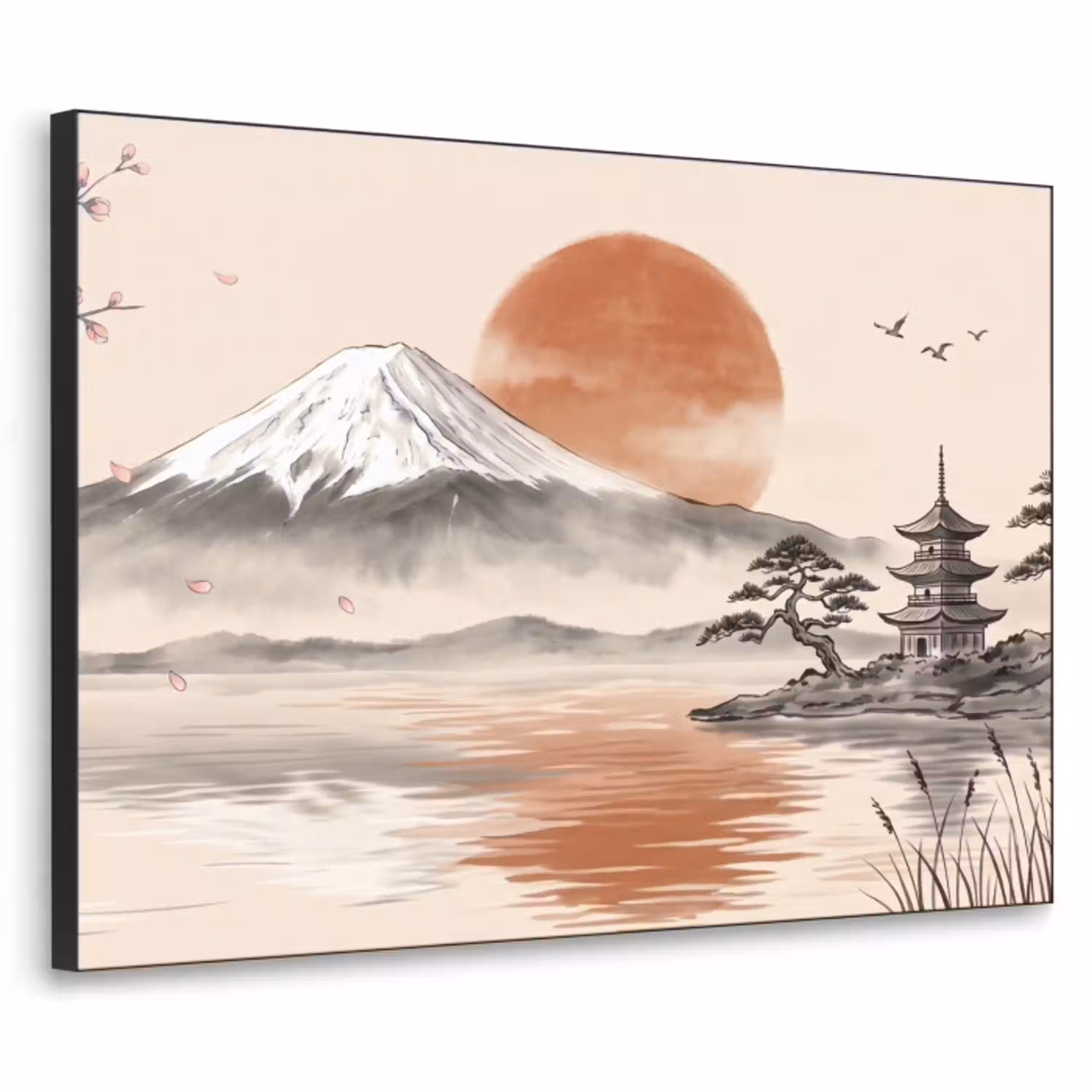 Bergtop - Meer - Bloesem Textielframe zwart klein -3d