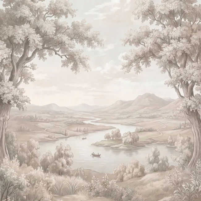 Behang - Rivierlandschap - Bergen - Natuur - Vintage - Beige