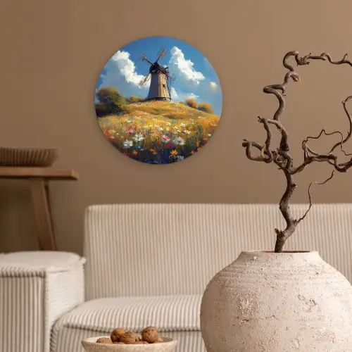 Windmolen - Heuvel - Bloemen - Kleurrijk Wandcirkel kunststof plaat 5mm dik klein -sfeer1