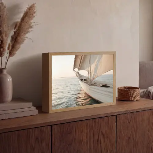 Zeilboot - Zee - Beige - Zon Light Box met batterij (Wandlamp) middel -sfeer2