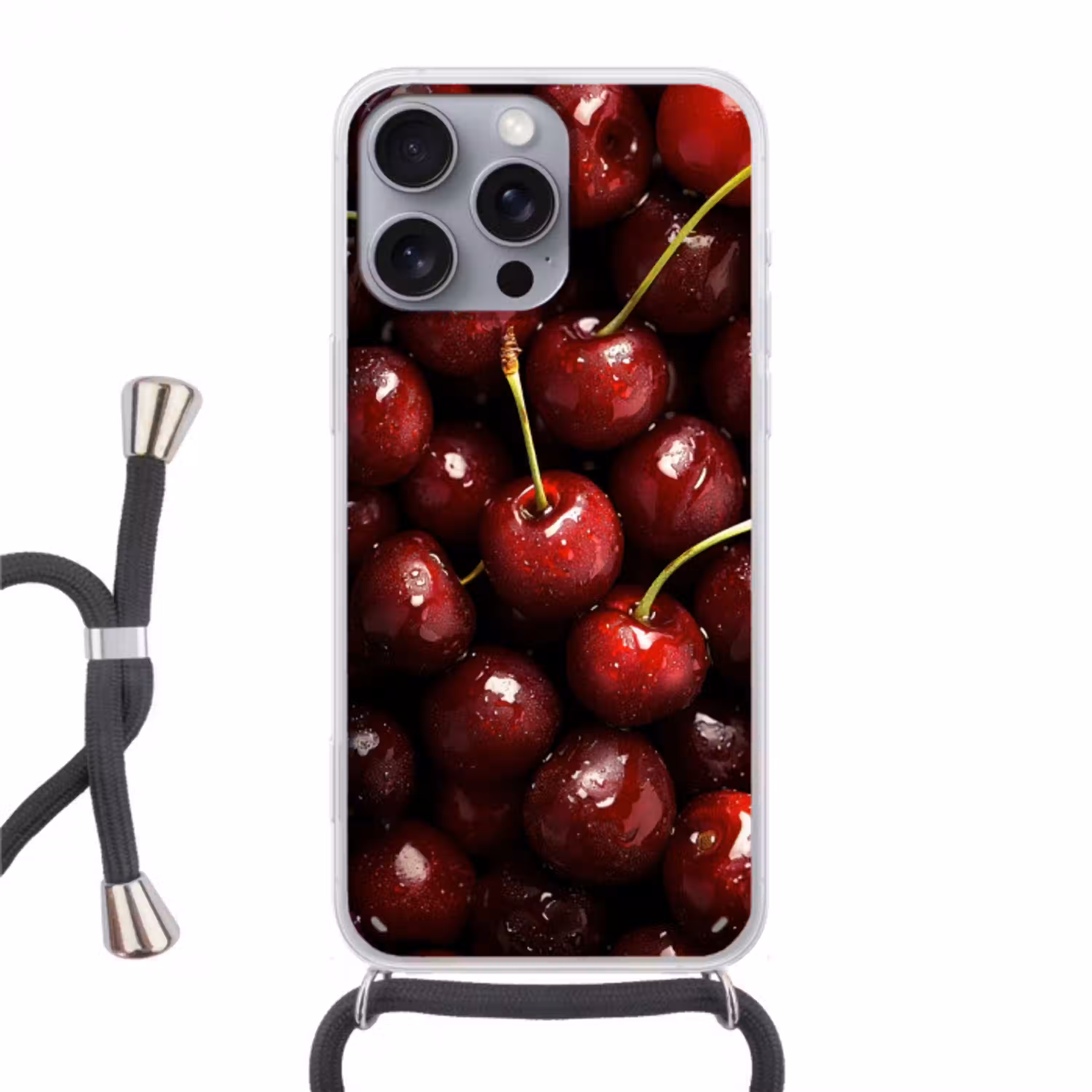 Rood - Fruit - Kersen Hoesje iPhone 16 Pro Max met koord klein -3d
