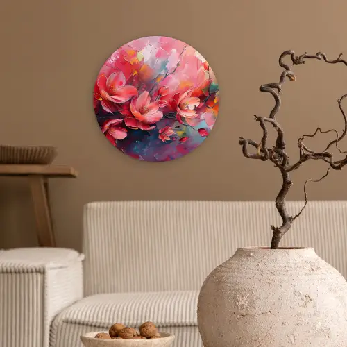 Bloemen - Roze - Watercolor - Natuur- Kunst Wandcirkel kunststof plaat 5mm dik klein -sfeer1