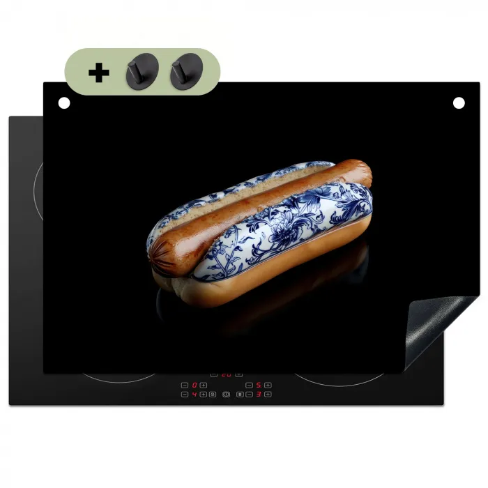 Hotdog - Porselein - Delfts blauw - Eten Inductie beschemer met haakjes klein -3d