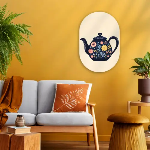 Theepot - Kleurrijk - Bloemen Wandcirkel Ovaal Forex klein -sfeer4