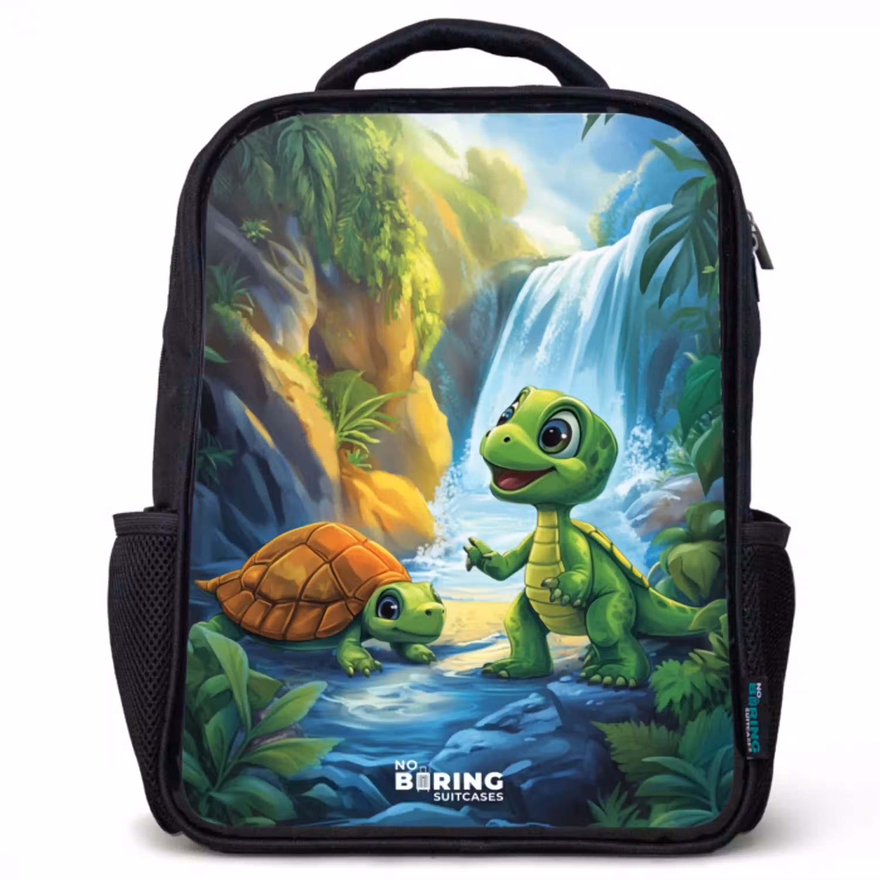 Schildpad en dino bij waterval in tropisch bos Rugzak - Zwart middel -3d