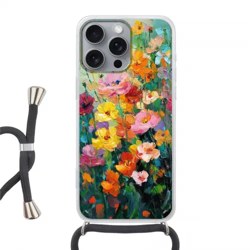 Bloemen explosie - Heldere kleuren - Vrolijk Hoesje iPhone 16 Pro Max met koord klein -3d