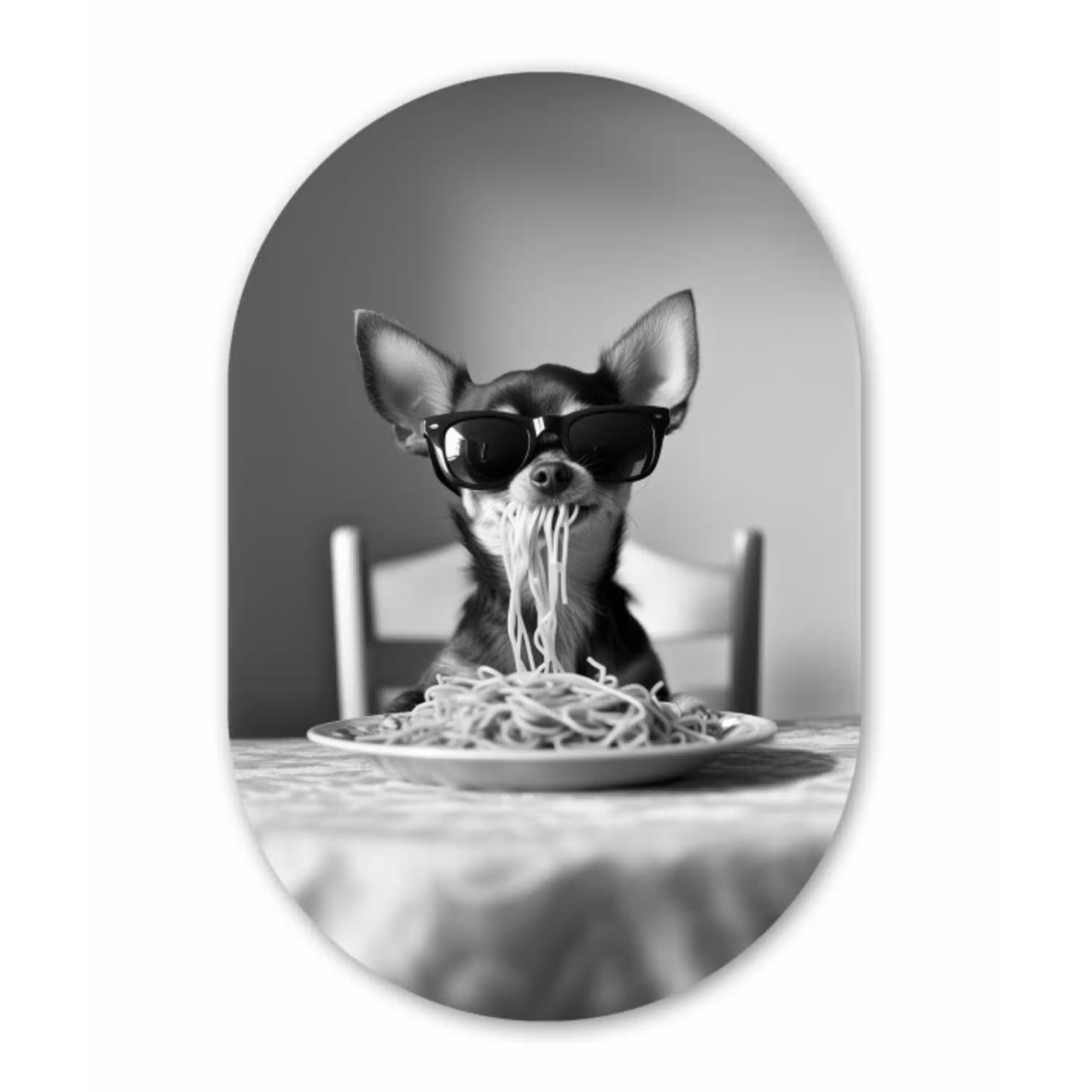 Chihuahua - Hond - Zonnebril - Humoristisch - Zwart - Wit - Spaghetti Wandcirkel Ovaal Glas middel -3d