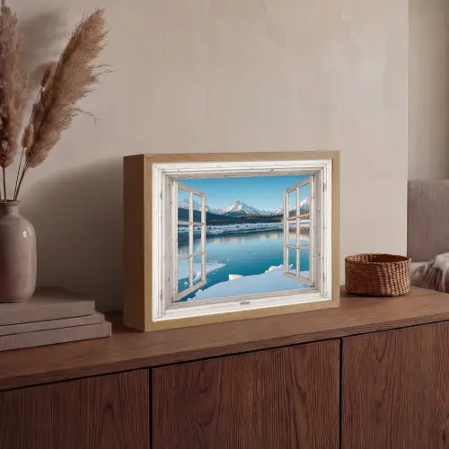 Landschap - Winter - Meer - Bergen - Uitzicht - Doorkijk - Licht Light Box met batterij (Wandlamp) middel -sfeer2