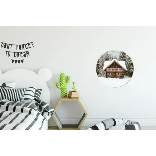 Huis - Bos - Winter - Natuur - Sneeuw Wandcirkel aluminium klein -kinderkamer
