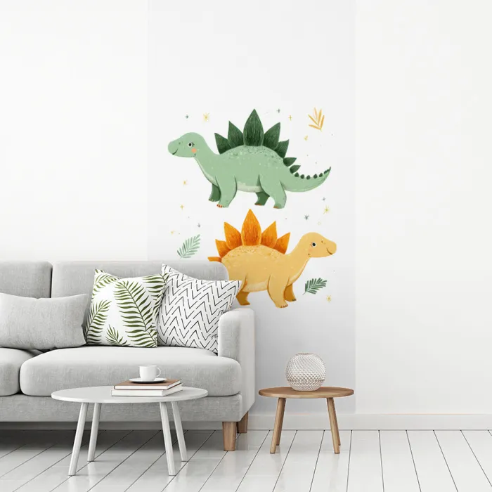 Sterren - Stegosaurussen - Blaadjes - Groen fotobehang vinyl groot -woonkamer