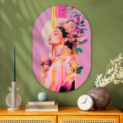 Vrouw - Bloemen - Paars - Abstract Wandcirkel Ovaal Glas middel -sfeer2