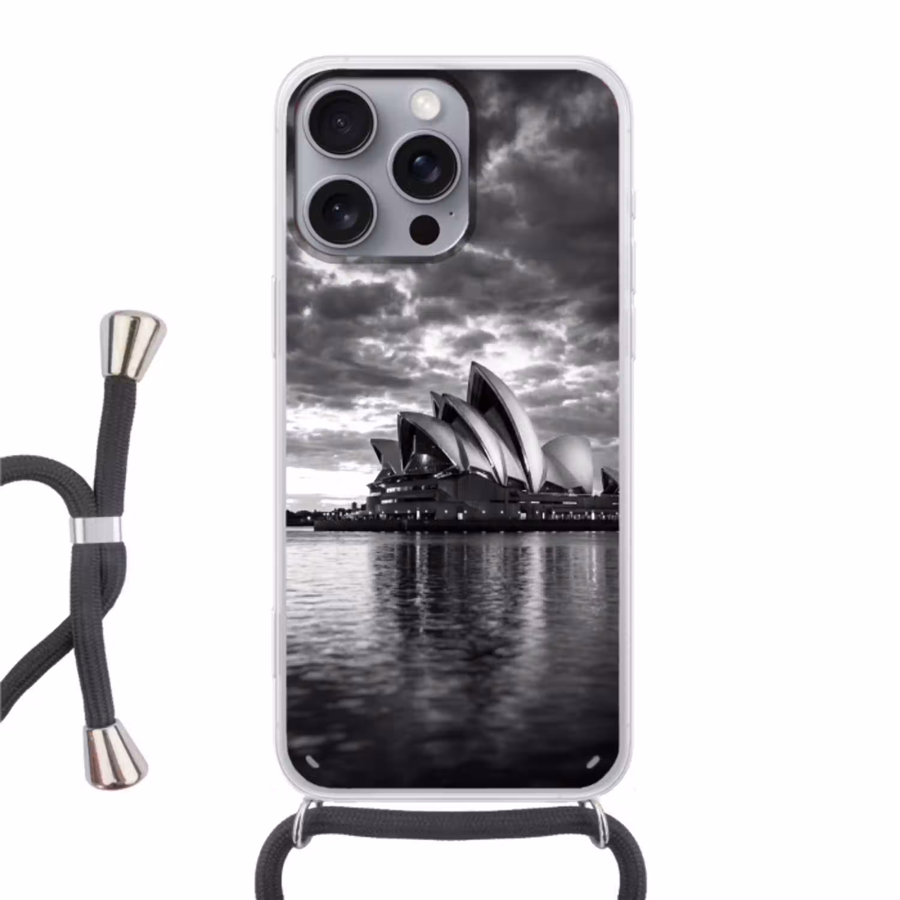 Architectuur - Water - Stad - Modern - Zwart-wit Hoesje iPhone 16 Pro Max met koord klein -3d