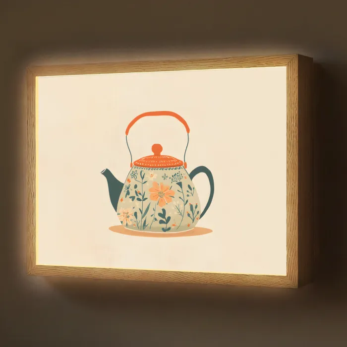 Oranje - Theepot - Bloemen - Bladeren Light Box met batterij (Wandlamp) middel -z3d_website
