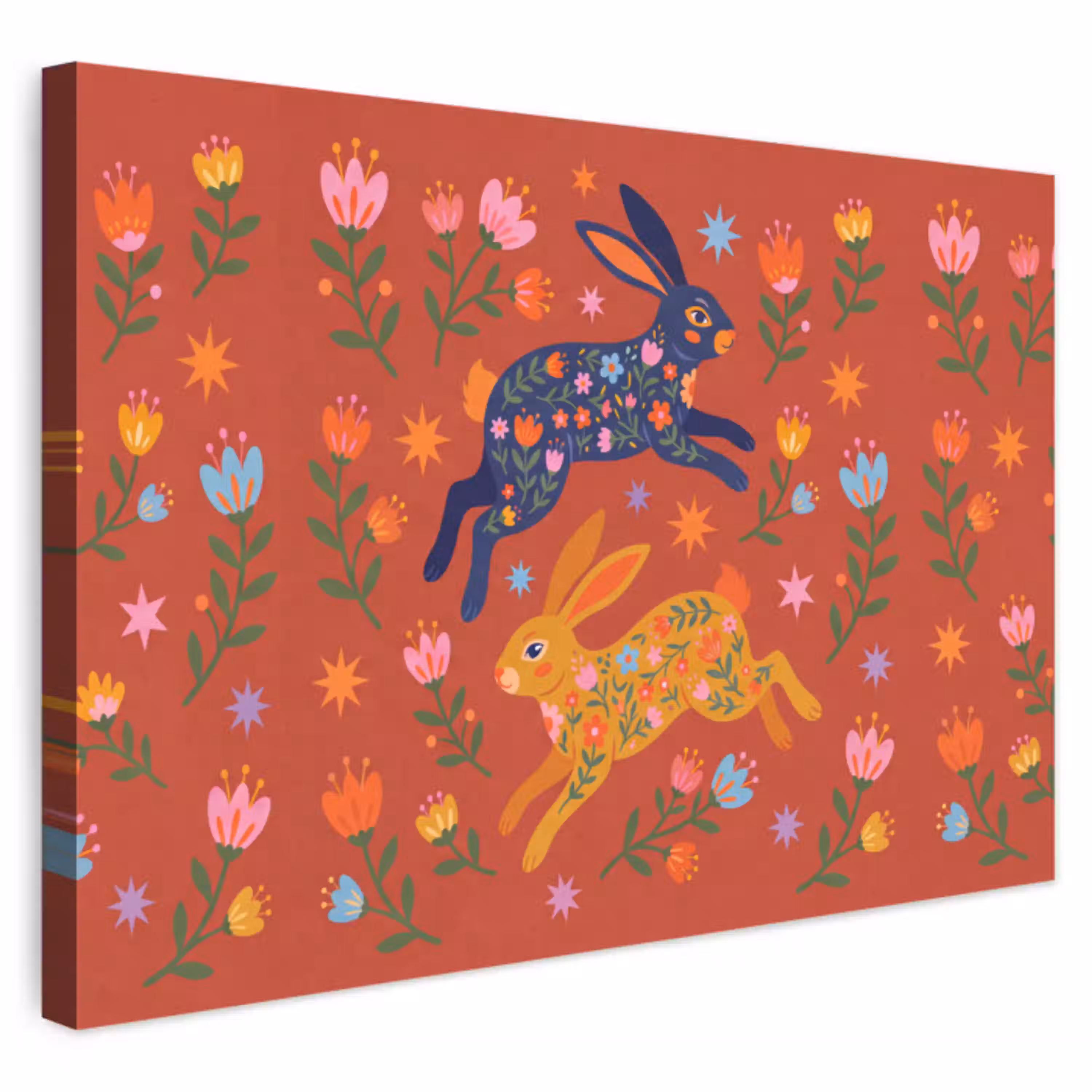 Konijn - Bloemen - Folk Art - Kleurrijk - Dieren Tuinposter op houten frame 2 cm dik klein -3d