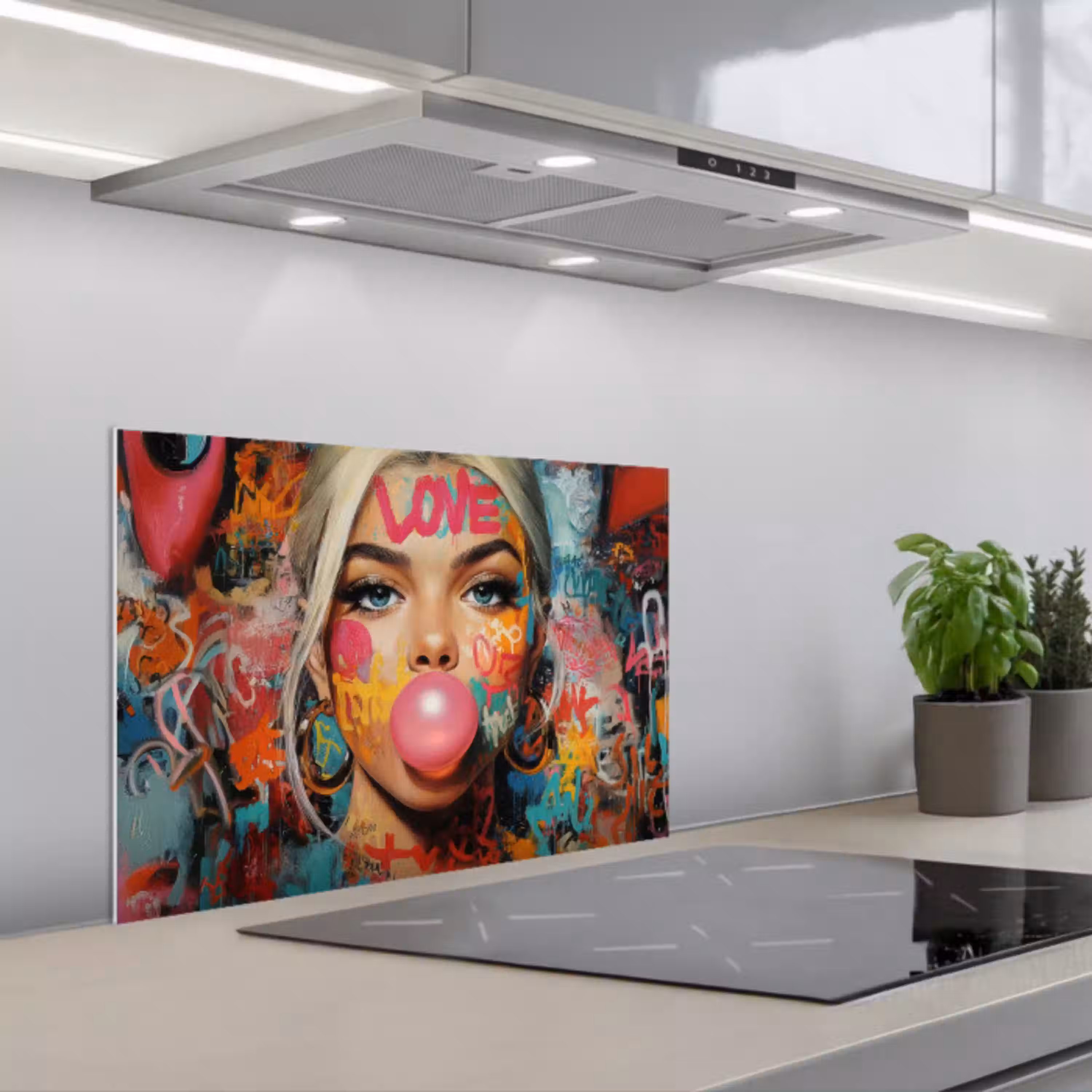 Vrouw - Kauwgom - Graffiti - Love keuken achterwand spatscherm klein -3d_schuin