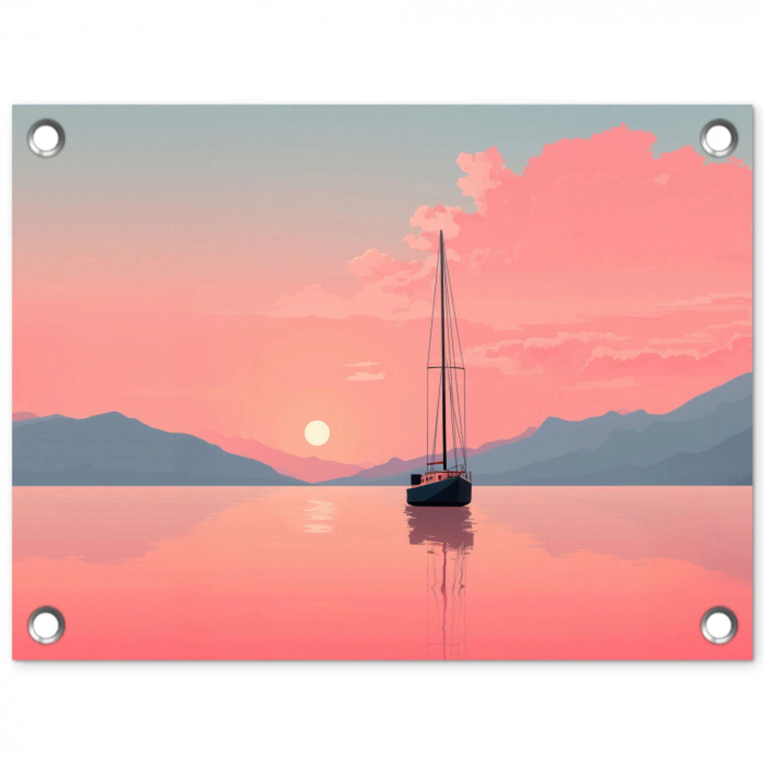 Zeilboot - Roze zee - Zonsondergang - Bergen tuinposter los doek klein -3d